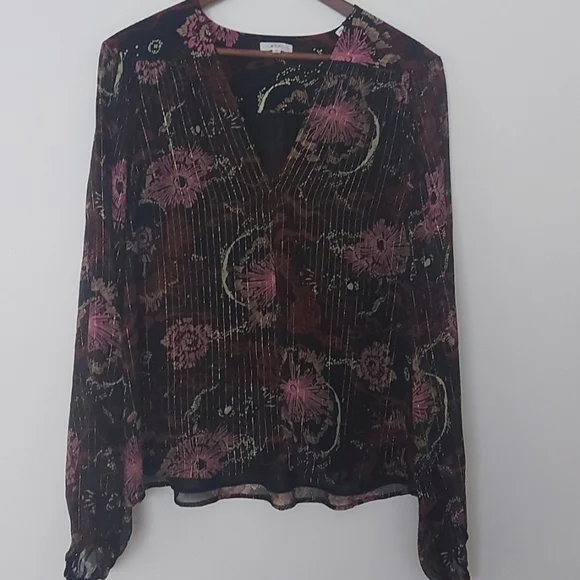 A.L.C. Mac Crinkle Silk Chiffon Floral V-Neck Top Sheer Sleeve Gold Size 14 - Picture 3 of 9